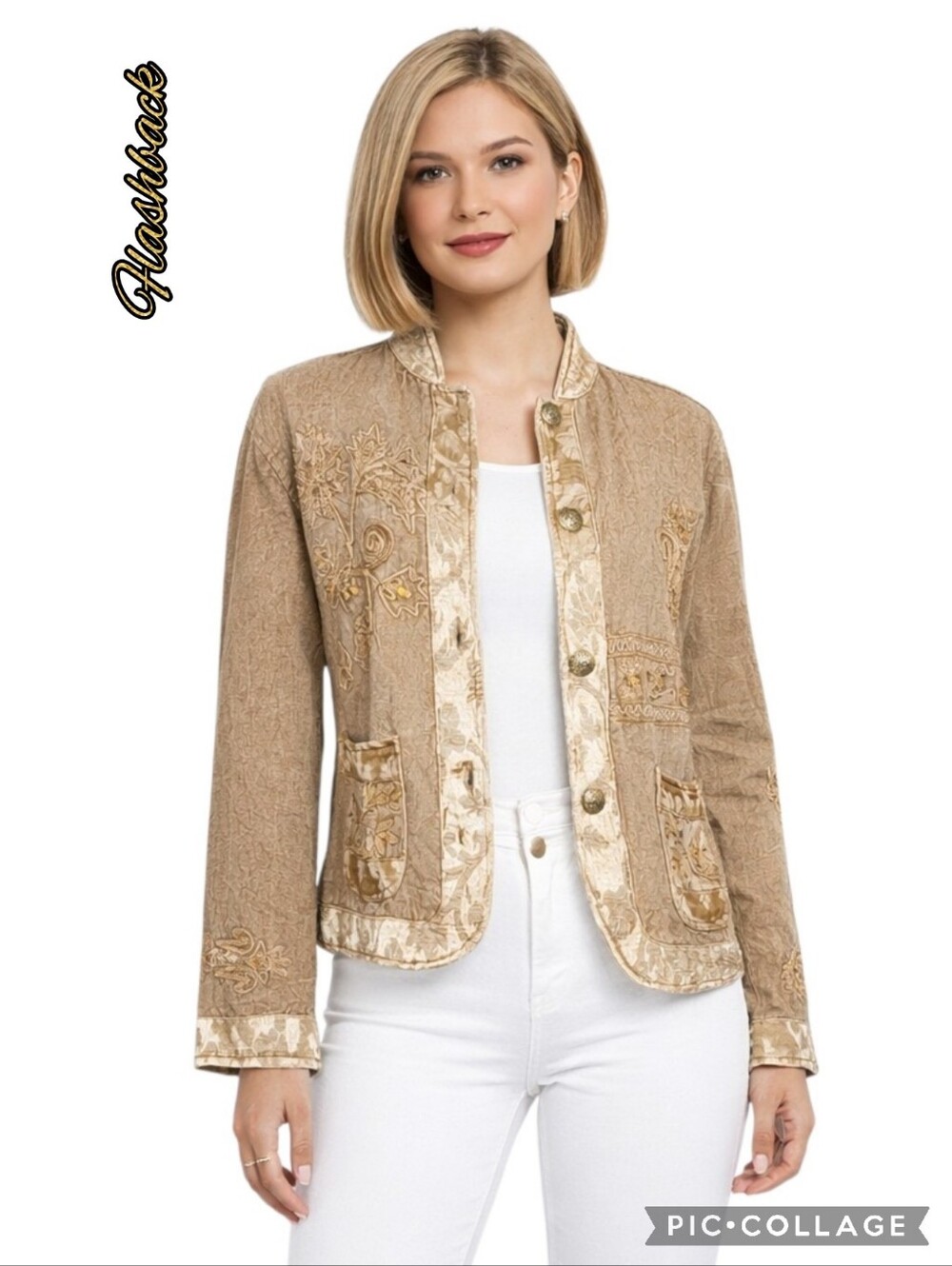 Flashback denim jacket brown-gold embroidery & rhinestones buttons pockets sz lg
